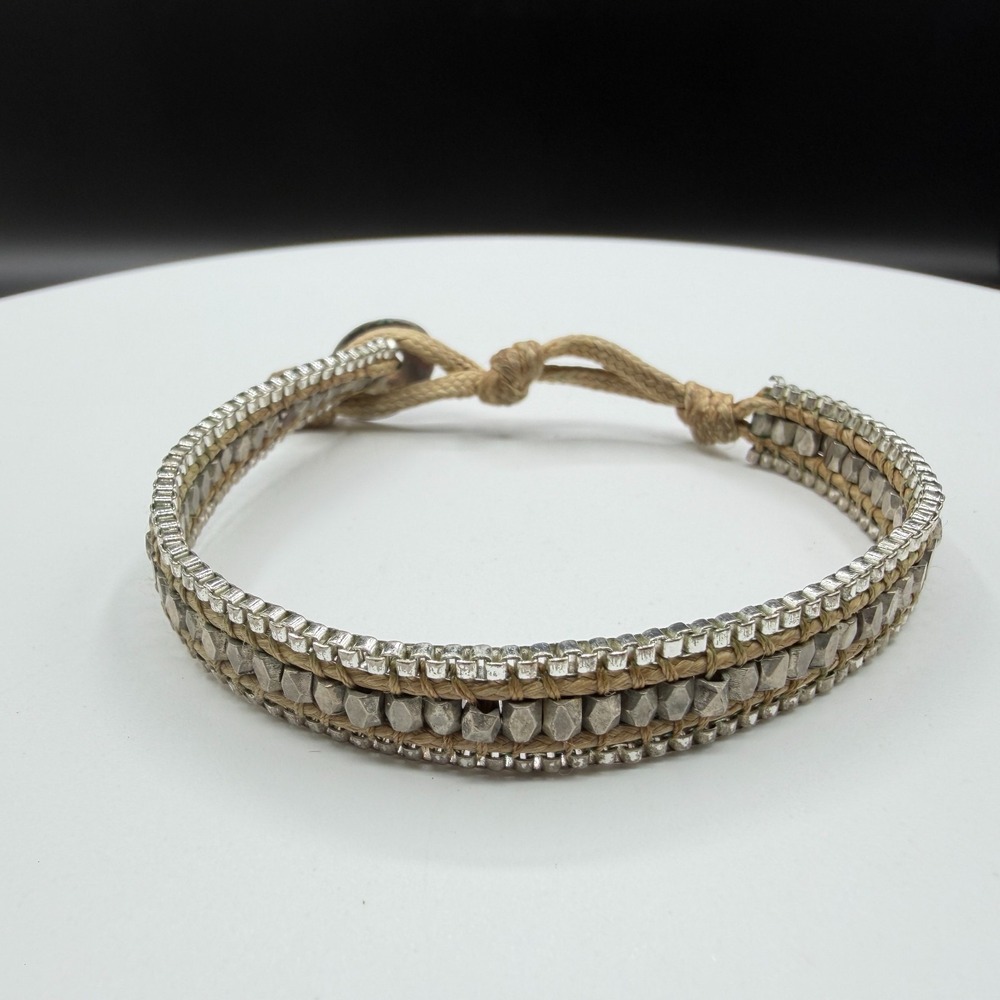 Silver Tone Beaded Cord Adjustable Bracelet Boho Minimalist Layering Gift Her